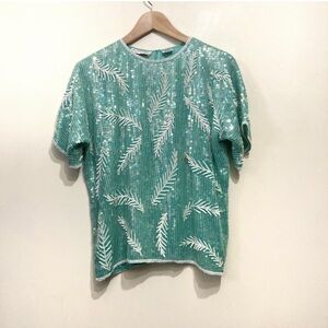 Vintage Sequin Beaded Blouse Mint Green Floral Leaf Design Silk Size Medium